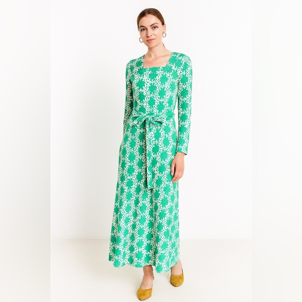 Matti of Lynne 60s 70s Vintage Square Neck Green Print Belted Maxidress Sz. S